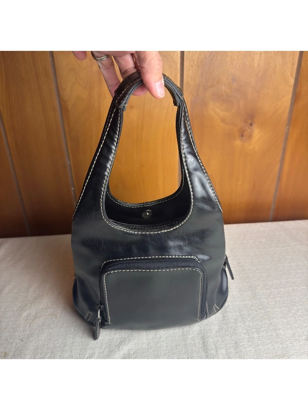 Vintage Nine West Black Hobo Handbag Contrast Stitching Y2K Purse 8x11